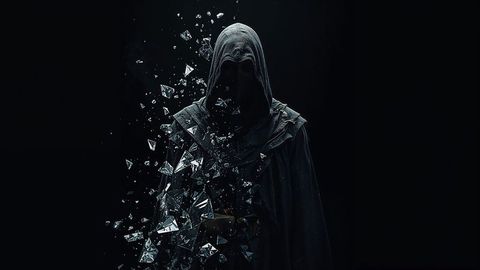Mysterious cloaked assassin figure dissolving into glass shards