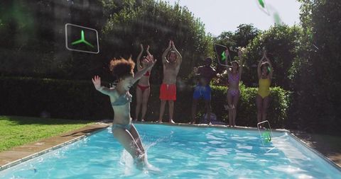 Woman in Swimsuit Jumping into Pool with Cheerful Friends