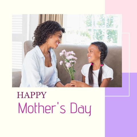 Happy mother receiving flowers from daughter on mother's day