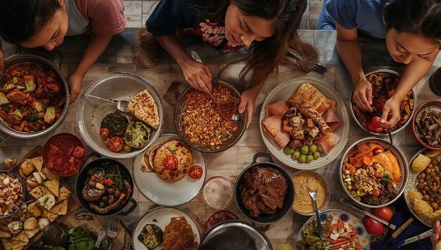 Teen girls sharing rustic communal feast around wooden table, stirring pasta, flatbreads