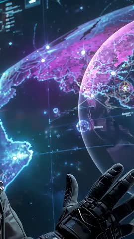 Gloved Hands Manipulating Holographic Globe Tracking Global Network Nodes Vertical Video