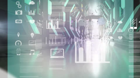 Business Team Walking Through Futuristic Digital Interface Corridor