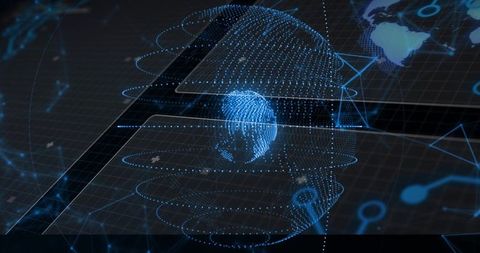 Holographic rotating digital globe with concentric rings and vr dashboard interface display