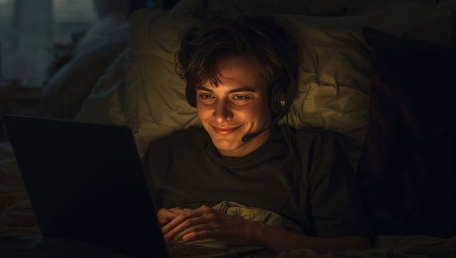Teen boy using laptop in bed at night with headset — late-night study and gaming glow
