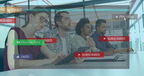 Diversified Team Collaborating with Digital Interfaces Overlay