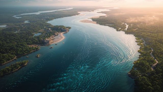 Sunlit coastal estuary with flowing river channel, sandbars and forested coastline panorama