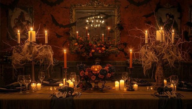 Elegant gothic dining room with jack-o'-lantern and candlelight ambiance