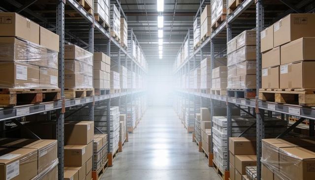 Modern warehouse aisle with pallet racks, labeled boxes and polished concrete floor