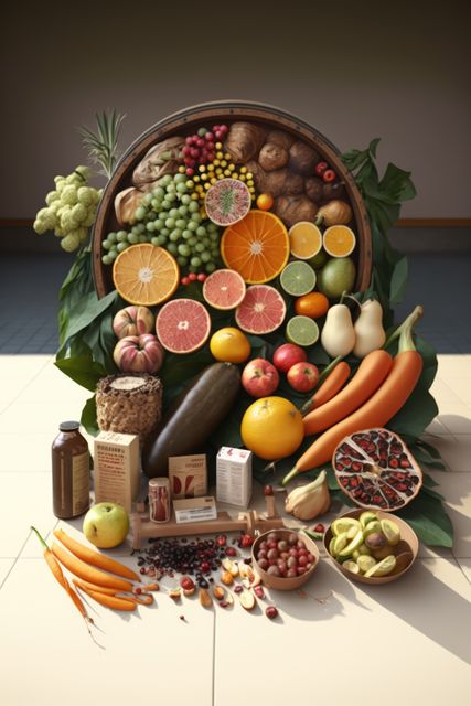 Empty room with basket of vegetables and fruit on floor in sun, using generative ai technology. Food, shopping and healthy concept digitally generated image.