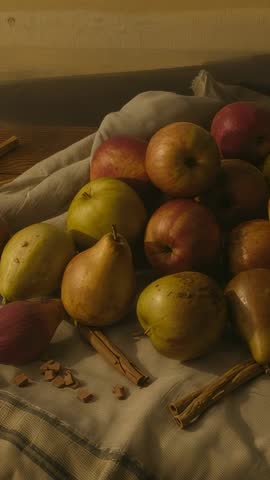 Camera zooming into rustic apples and pears on linen with cinnamon sticks, warm vintage still life