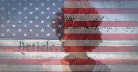 American Flag and Constitution with Diverse Woman by Seaside