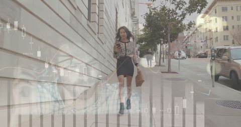 Woman Walking and Using Smartphone with Financial Data Overlay - Download Free Stock Images Pikwizard.com
