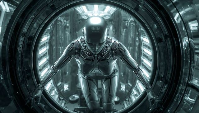 Humanoid android emerging through circular hatch in futuristic chrome tunnel