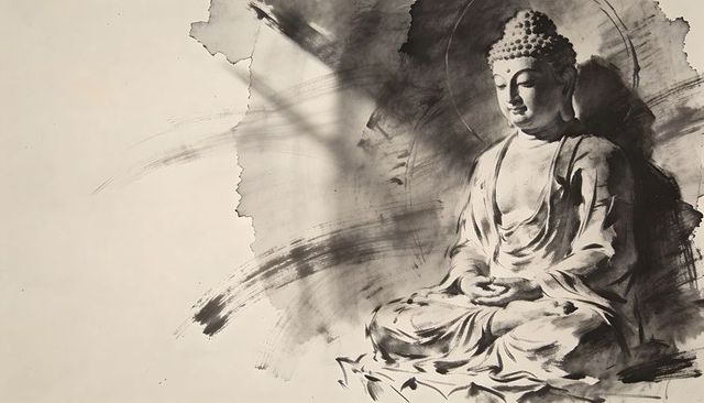 Seated buddha meditating in sumi-e ink wash with halo and lotus minimalist brushwork