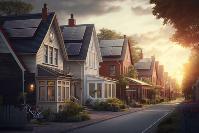 Beautiful image of a suburban neighborhood with a row of modern houses featuring solar panels on their roofs. The scene is bathed in the warm, golden light of sunset, creating a serene and peaceful atmosphere. Ideal for promoting sustainable living, renewable energy solutions, modern residential architecture, or showcasing the benefits of eco-friendly housing. Also suitable for real estate marketing, environmental campaigns, and lifestyle blogs focused on green living.