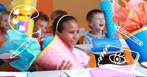 Joyful School Children with School Supplies and Illustrative Icons