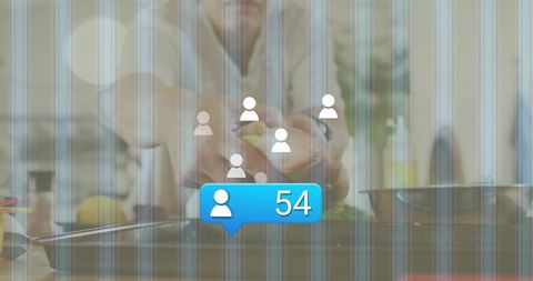 Home cook slicing citrus on kitchen counter with social notification bubble showing 54