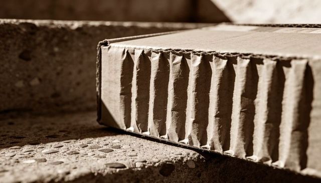 Corrugated cardboard box on concrete steps with textured shadows and rustic sepia tones
