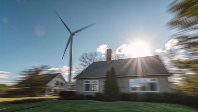 Motion Blur Around Eco-Friendly House With Wind Turbine and Solar Array