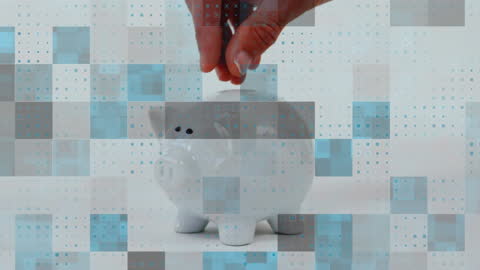 Hand Dropping Coin into Piggy Bank with Digital Overlay Animation