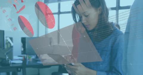 Businesswoman Analyzing Data on Digital Tablet with Modern Infographics