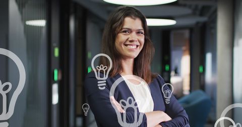 Confident Businesswoman in Modern Office with Digital Bulb Icons Overlay