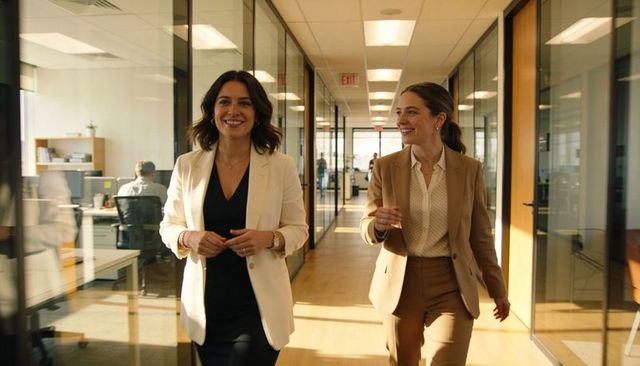 Two female colleagues walking and conversing in modern glass-walled office corridor