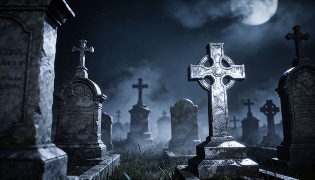 Moonlit celtic cross reflecting silver light over misty graveyard at night, moody cemetery