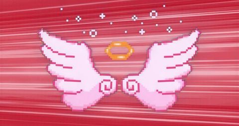Pixel art pink wings with golden ring in vibrant 8-bit style