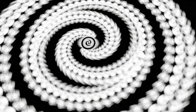 Spiraling luminescent vortex drawing eye inward with bokeh orbs monochrome abstract