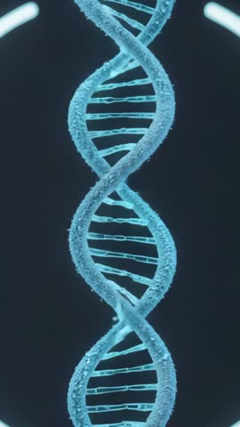 Rotating 3D DNA Helix Animation in Futuristic Lab with Neon Light Arcs - Vertical Video