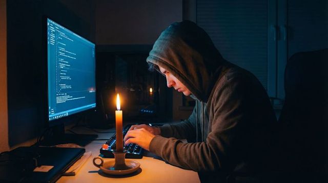Hooded programmer coding by candlelight at night with monitor glow