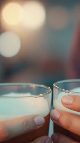 Vertical video panning downward to intimate beer toast between couple in cozy bar