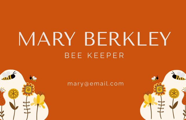 Ideal for beekeepers, nature enthusiasts, or anyone in the agricultural industry. Eye-catching design with bee and flower illustrations on an orange background. Useful for creating professional connections or marketing services related to beekeeping.