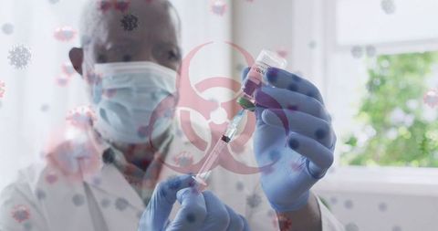 Doctor Preparing COVID-19 Vaccine with Biohazard Symbol Overlay