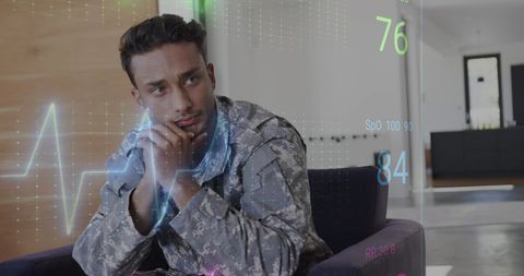 Army officer in hospital with digital health data overlay