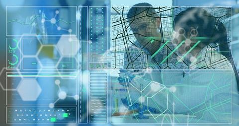 Futuristic Researchers Examining Holographic Wireframe Grids in Laboratory - Download Free Stock Images Pikwizard.com