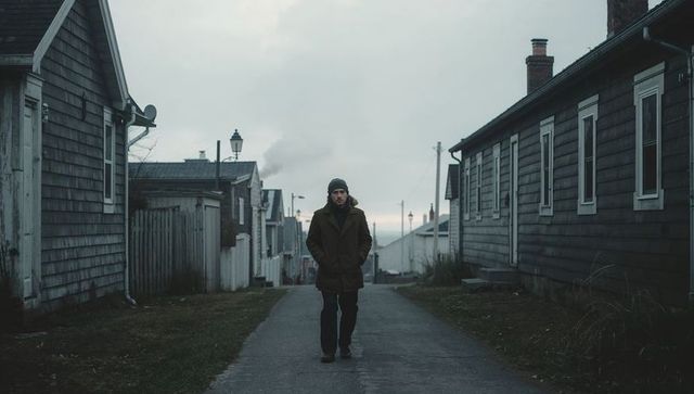 Walking man along coastal lane between weathered wooden cottages under moody overcast sky