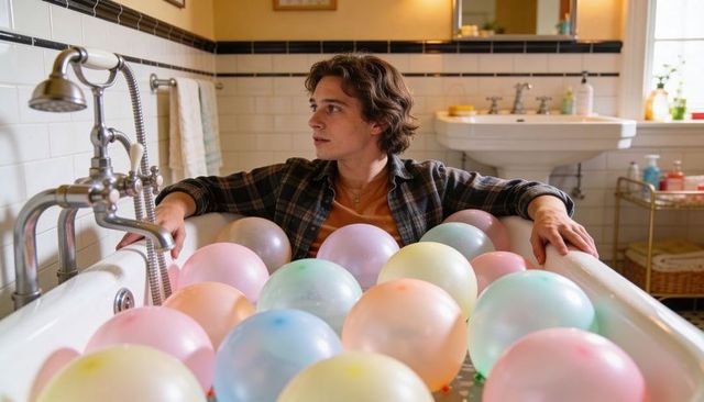 Young man lounging in bathtub filled with pastel balloons, cozy playful bathroom scene