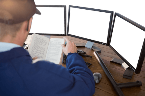 security officer reading at desk with computer monitors transparent - Download Free Stock Videos Pikwizard.com
