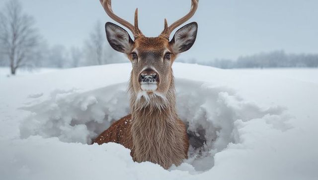 Solitary stag standing in deep snow cavity peering with frosted antlers and snowy muzzle