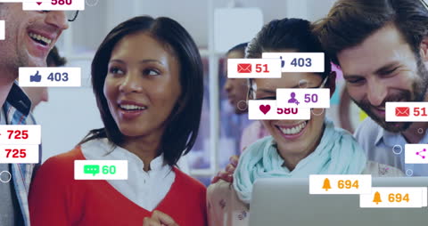 Diverse Coworkers Collaborating with Social Media Notifications Animation