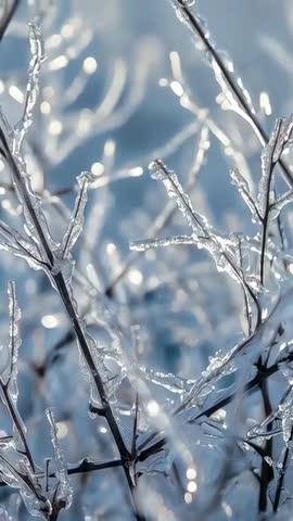 Swaying iced twigs catching morning sun, melting beads and sparkling bokeh, vertical video