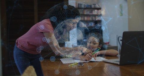 Homeschool tutoring guiding child at desk with laptop and global network overlay