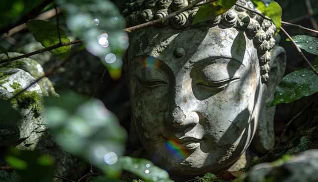 Resting stone buddha head in mossy garden nook with sunlit bokeh and raindrop sparkle