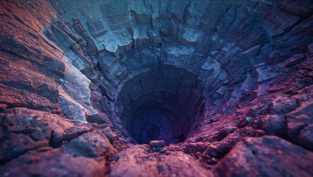 Abstract deep shaft with dramatic lighting in rocky landscape