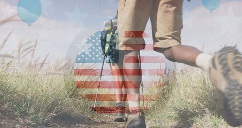 Patriotic Adventure: Diverse Couple Hiking with American Spirit