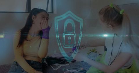 Laughing friends crafting beaded jewelry with holographic shield and playful vibe