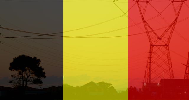 Belgium Flag Overlay on Transmission Towers at Sunset - Download Free Stock Images Pikwizard.com