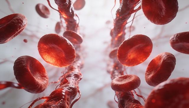 Red blood cells flowing through microvessel with fibrin strands and glowing plasma droplets